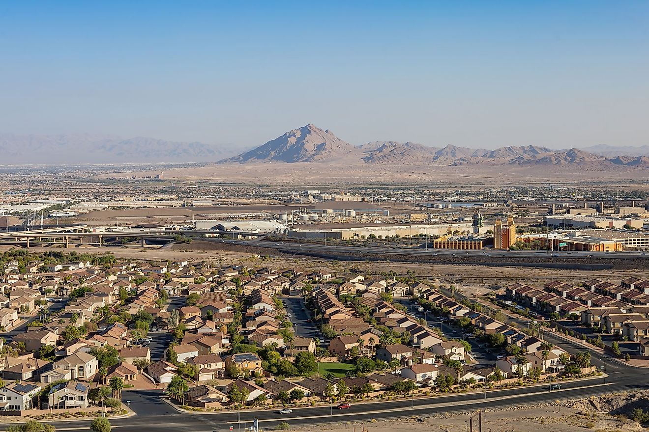 Sunny high angle view of the Henderson skyline at Nevada. 