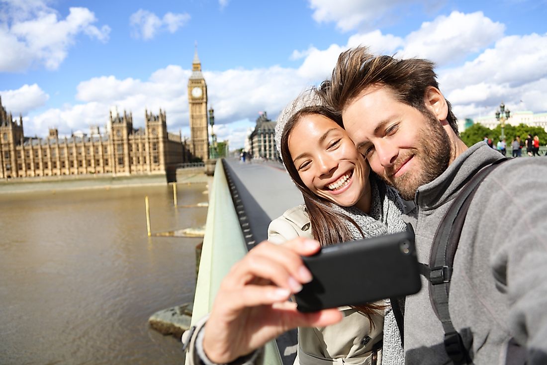 Tourists stop to take a selfie in London, the world's most hashtagged city. 