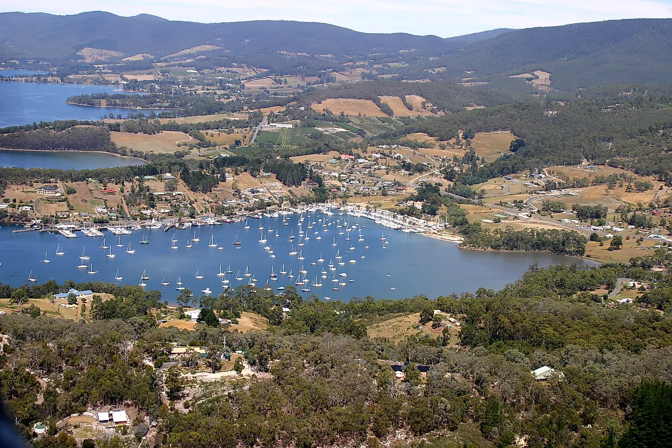 Aerial photograph of Kettering, a coastal township in southern Tasmania, Australia.
