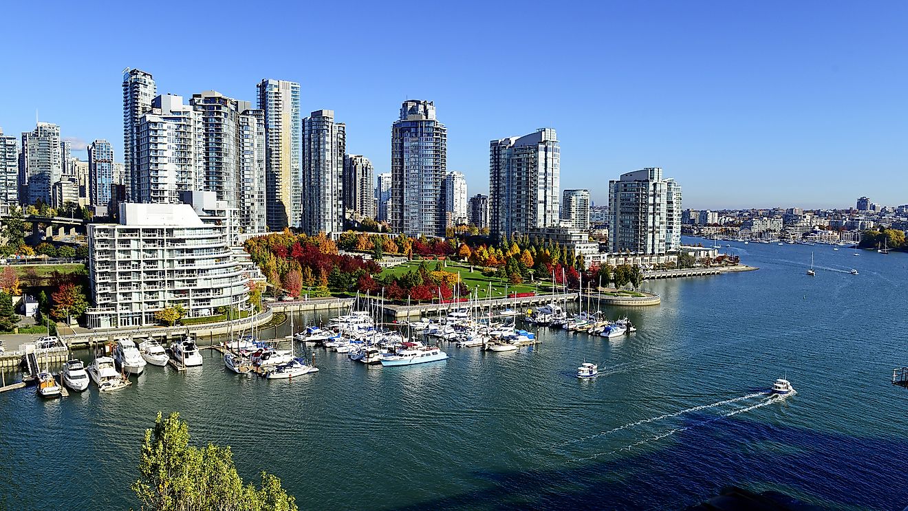 Autumn landscape of false creek in Vancouver, Canada.