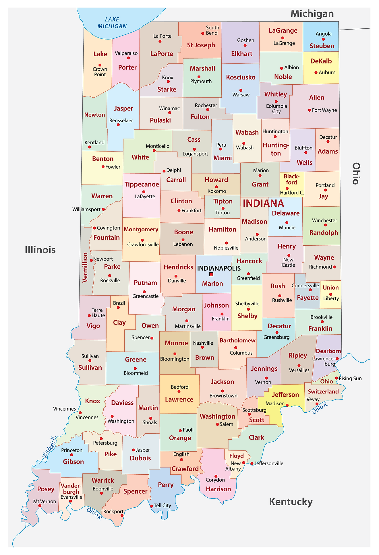 Administrative Map of Indiana showing its 92 counties and the capital city - Indianapolis