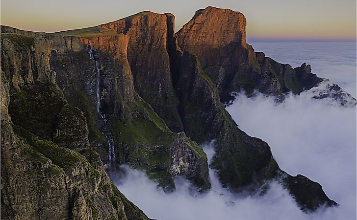 Tugela Falls flowing strongly at sunrise