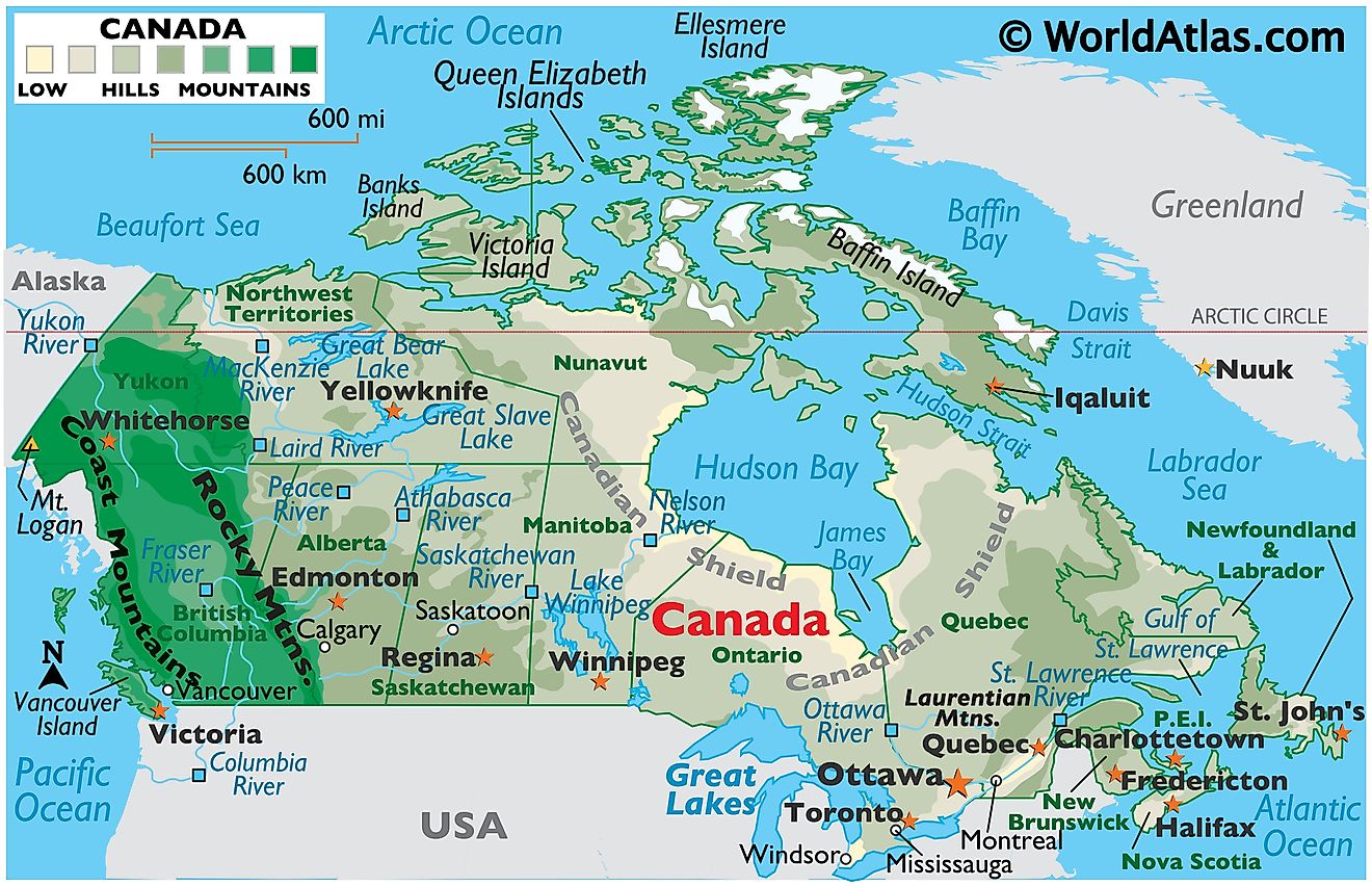 Physical Map of Canada showing relief, major rivers and lakes, mountain ranges, bays and surrounding oceans, the Canadian Shield, Arctic islands, major cities, and more.