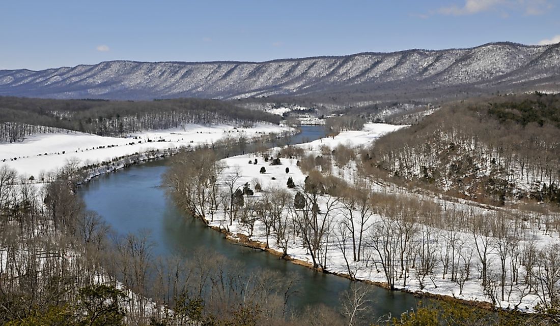 Snow along the banks of the Shenandoah River in in Warren County, Virginia.