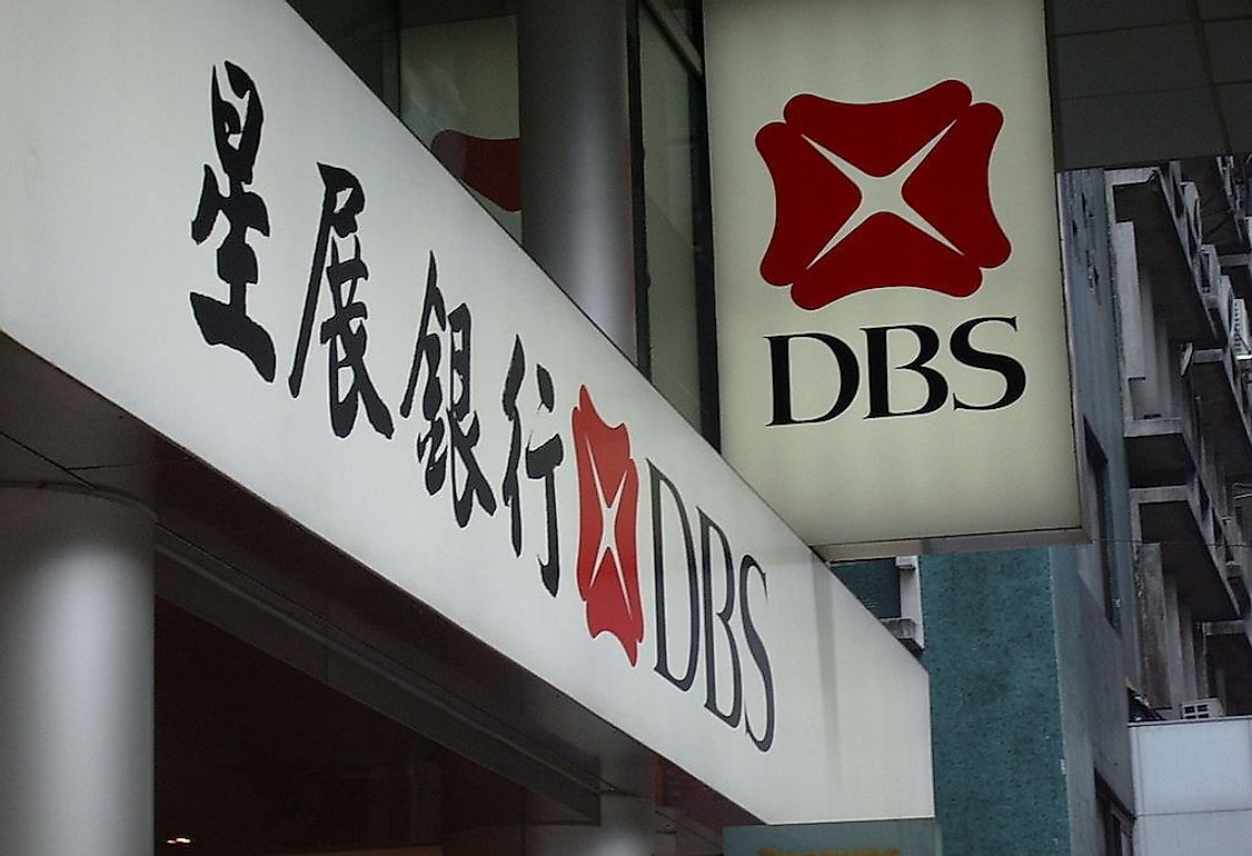 A signboard outside the DBS Bank, the largest bank in Southeast Asia.