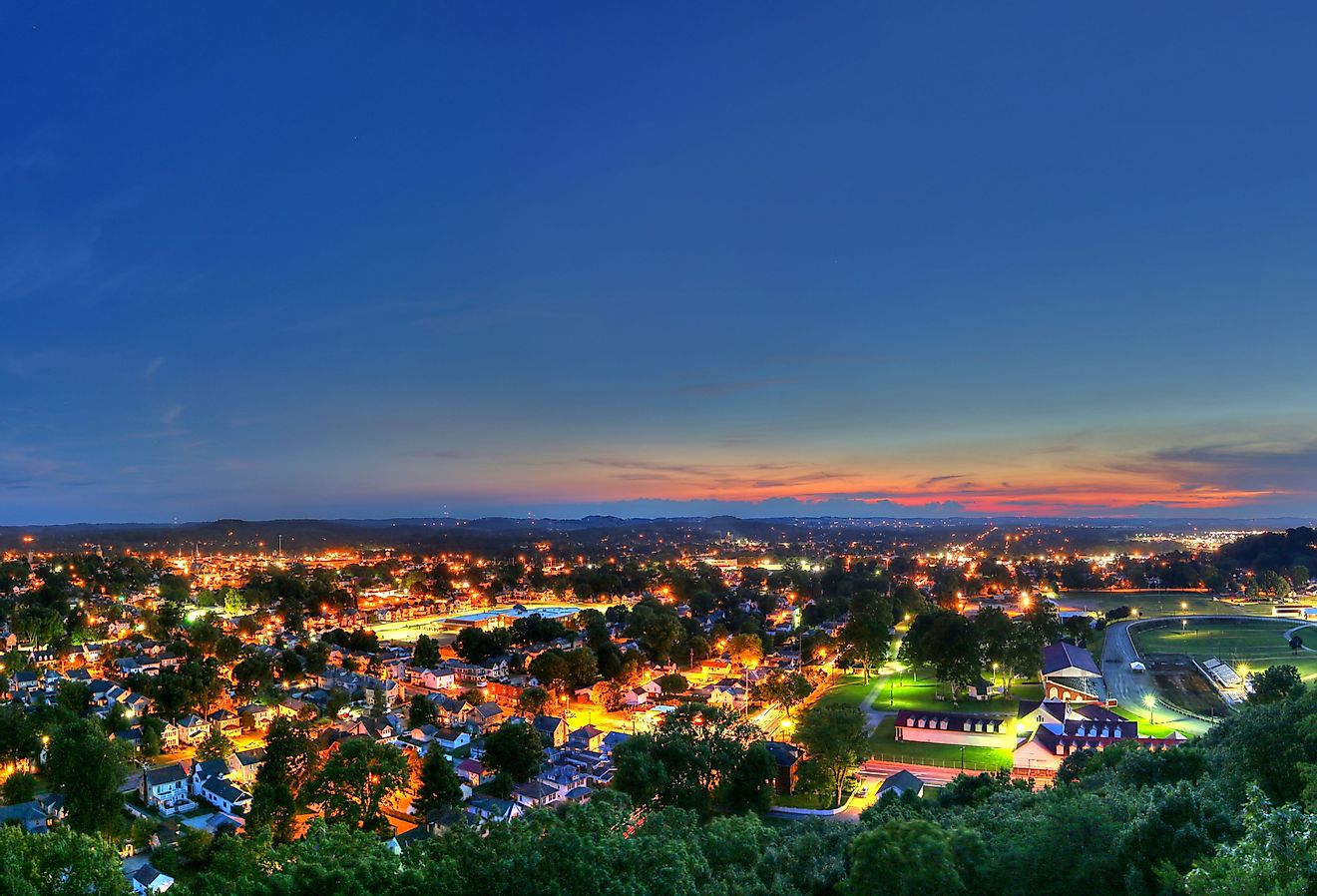 Aerial view of city lights at dusk in Lancaster, Ohio.