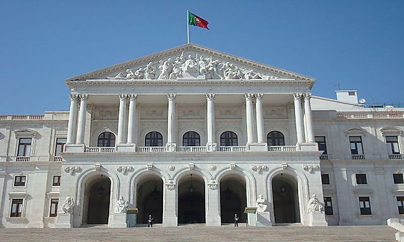 The front facade of the Portuguese Parliament building in Portugal.