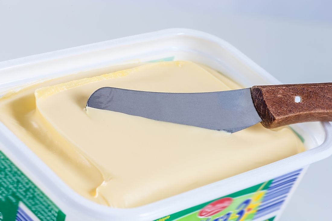 Margarine is produced as an inexpensive alternative to butter, and is used for baking, spreading, and cooking.