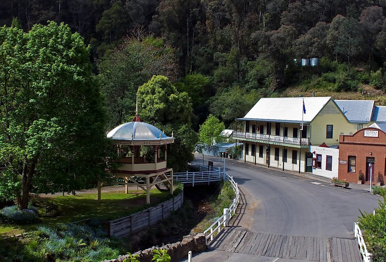 The tiny gold rush town of Walhalla is situated in Gippsland in a deep valley in the Victorian Alps and is a popular tourist destination. Image credit Norman Allchin via Shutterstock.com