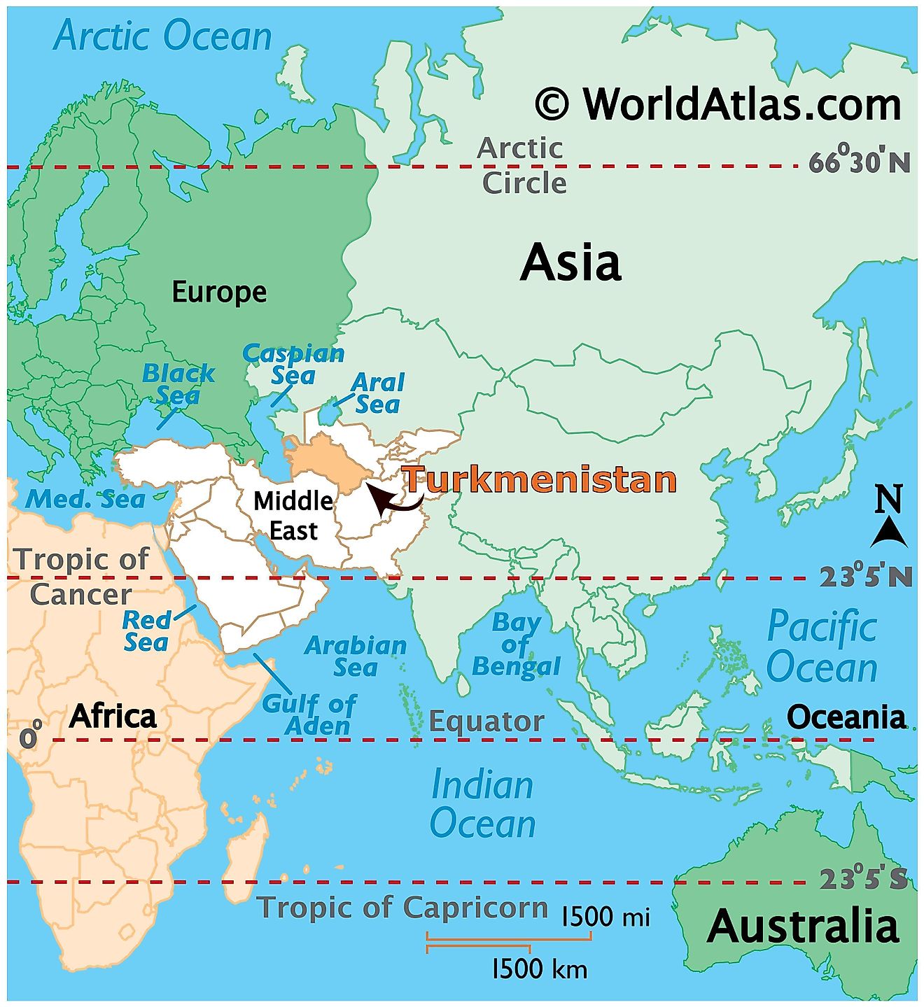 Map showing location of Turkmenistan in the world.