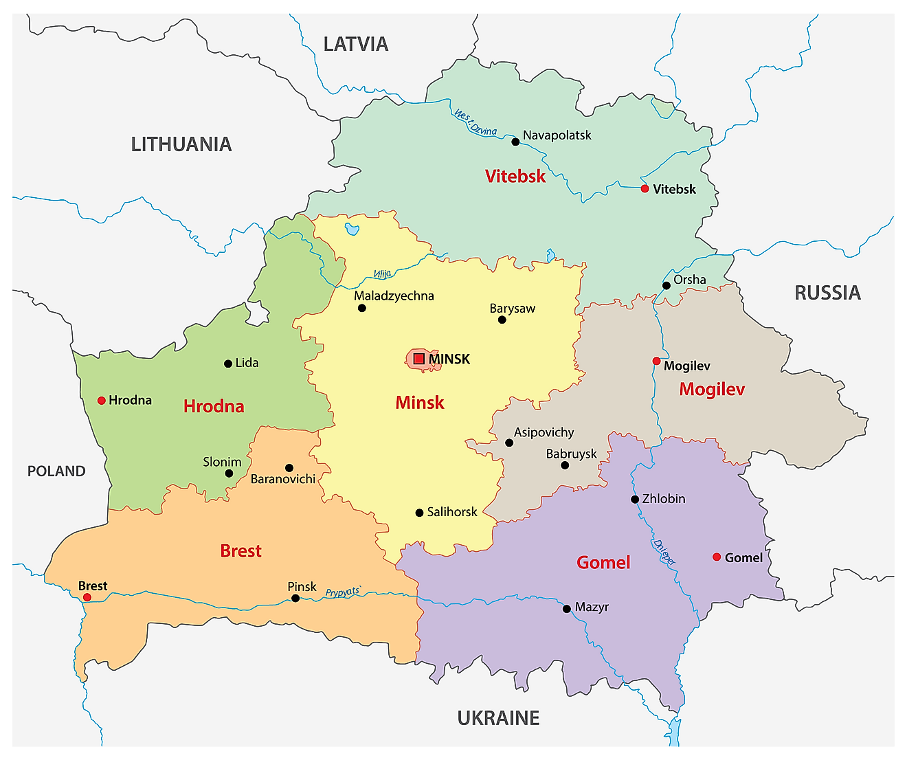 Political Map of Belarus showing its 6 regions and 1 municipality and the capital city of Minsk