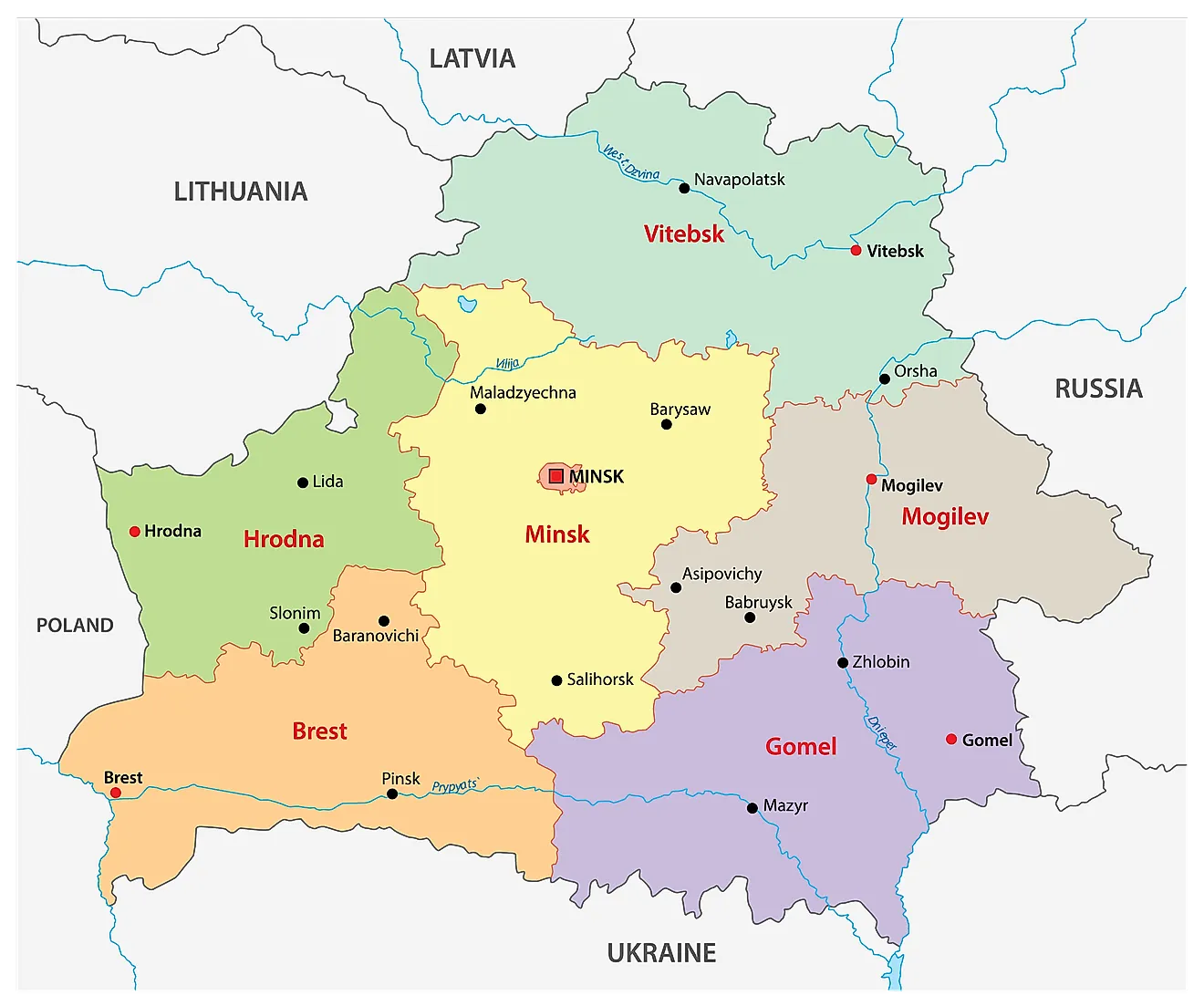 Political Map of Belarus showing its 6 regions and 1 municipality and the capital city of Minsk