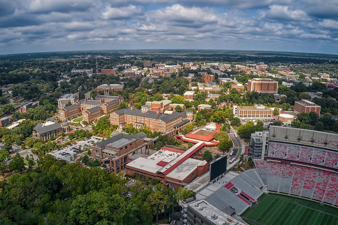 Aerial view of a large public university in Athens, Georgia