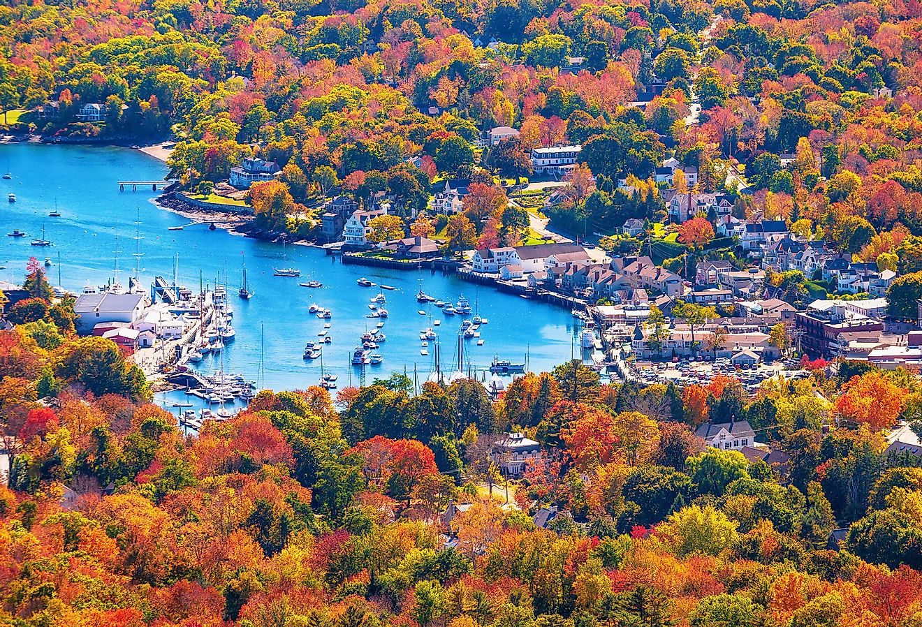 Beautiful New England autumn foliage colors in Camden, Maine.