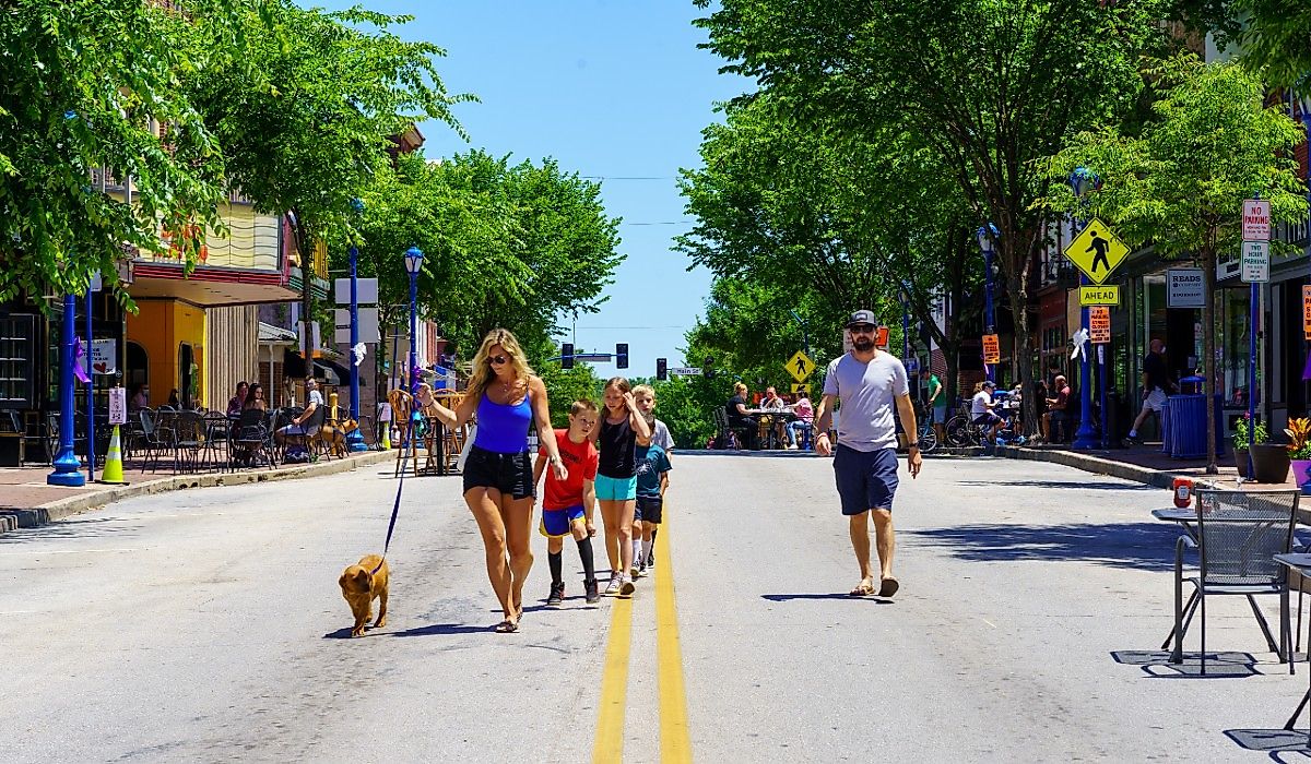 A family of pedestrians on a closed block in Phoenixville, Pennsylvania. 