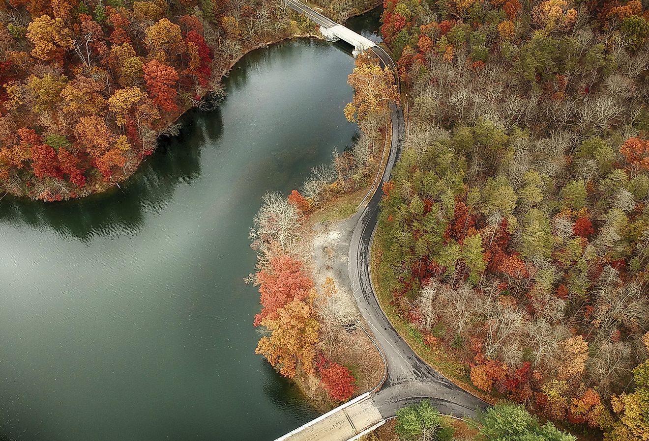 Aerial view of a bridge at Prettyboy Reservoir Park with fall colors, Hampstead, Maryland.