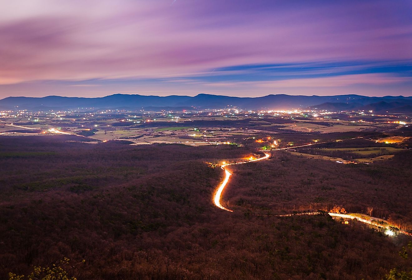 View of the Shenandoah Valley and Luray at night from Massanutten Mountain, in George Washington National Forest, Virginia