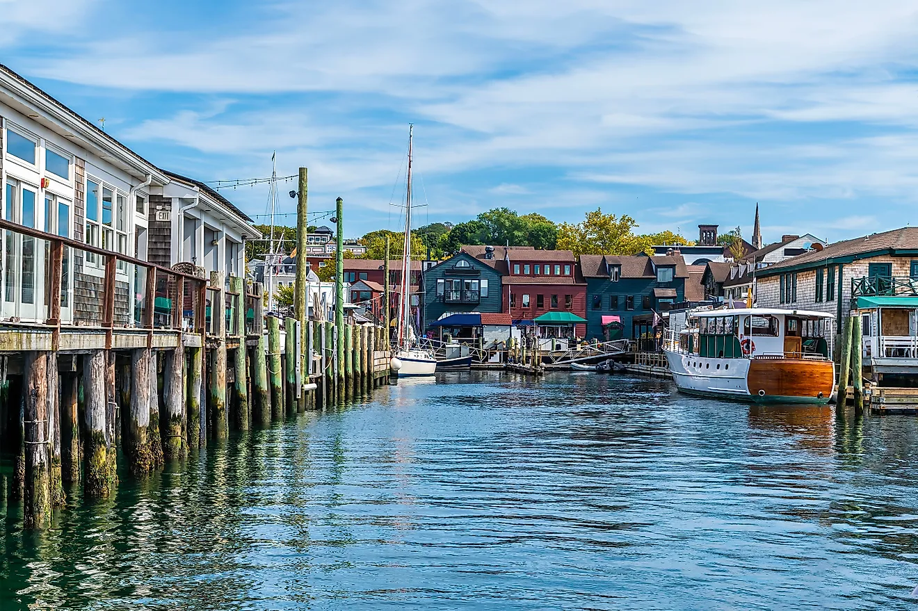 A view from a boat along moorings towards Bowens Wharf at Newport, Rhode Island