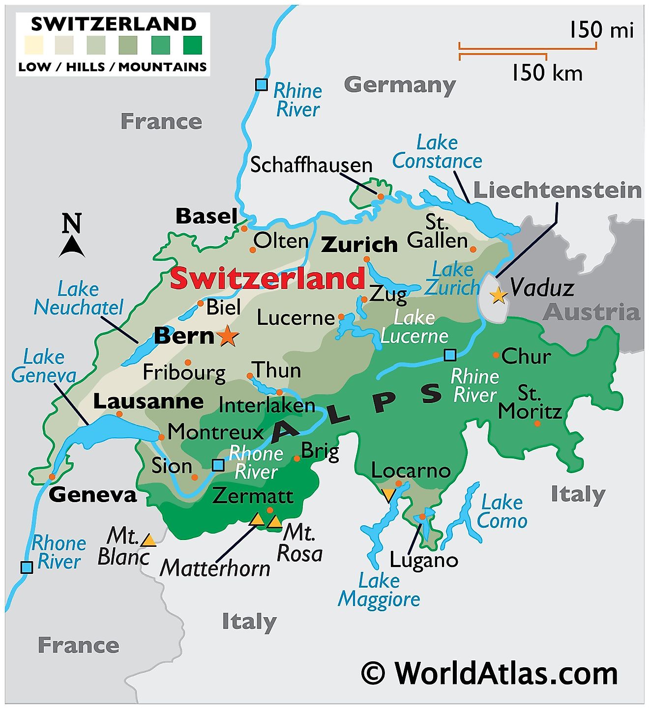 El mapa físico de Suiza que muestra los límites estatales, el relieve, las montañas, el Monte Rosa, el Monte Matterhorn, los principales lagos, las ciudades importantes, etc.