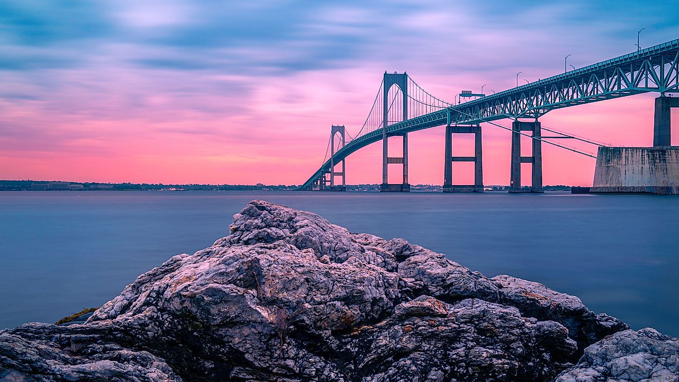 Dramatic beautiful sunset landscape over Jamestown Verrazzano Bridge and Narragansett Bay in North Kingstown, Rhode Island.