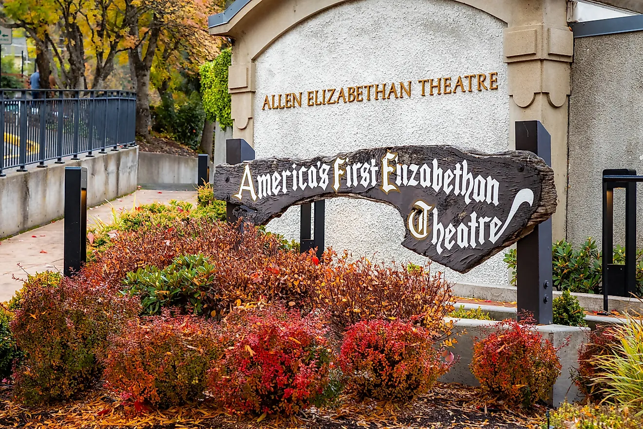 A view of the Allen Elizabethan Theatre exterior, one of the primary, famous, and historic venues of the Oregon Shakespeare Festival complex in Ashland, Oregon. Editorial credit: Photo Spirit / Shutterstock.com