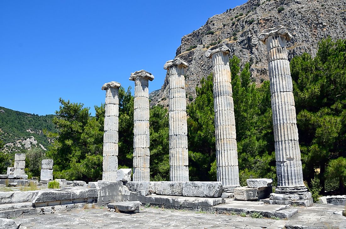 Ionic capitals at the Temple of Athena Polias.  Editorial credit: suronin / Shutterstock.com