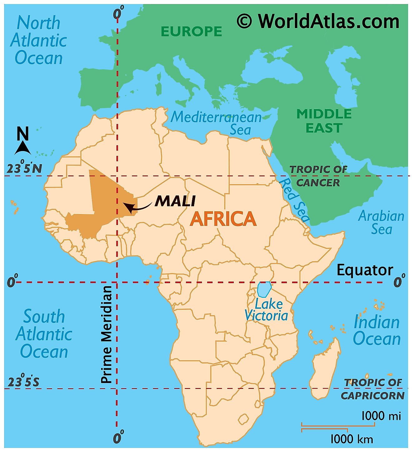 Map showing location of Mali in the world.