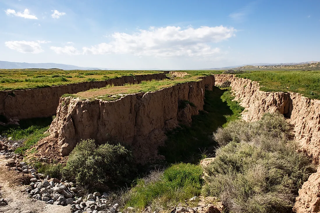 The San Andreas Fault line cuts through a valley at the foot of the Coast Range Mountains in San Benito County in the U.S. state of California.