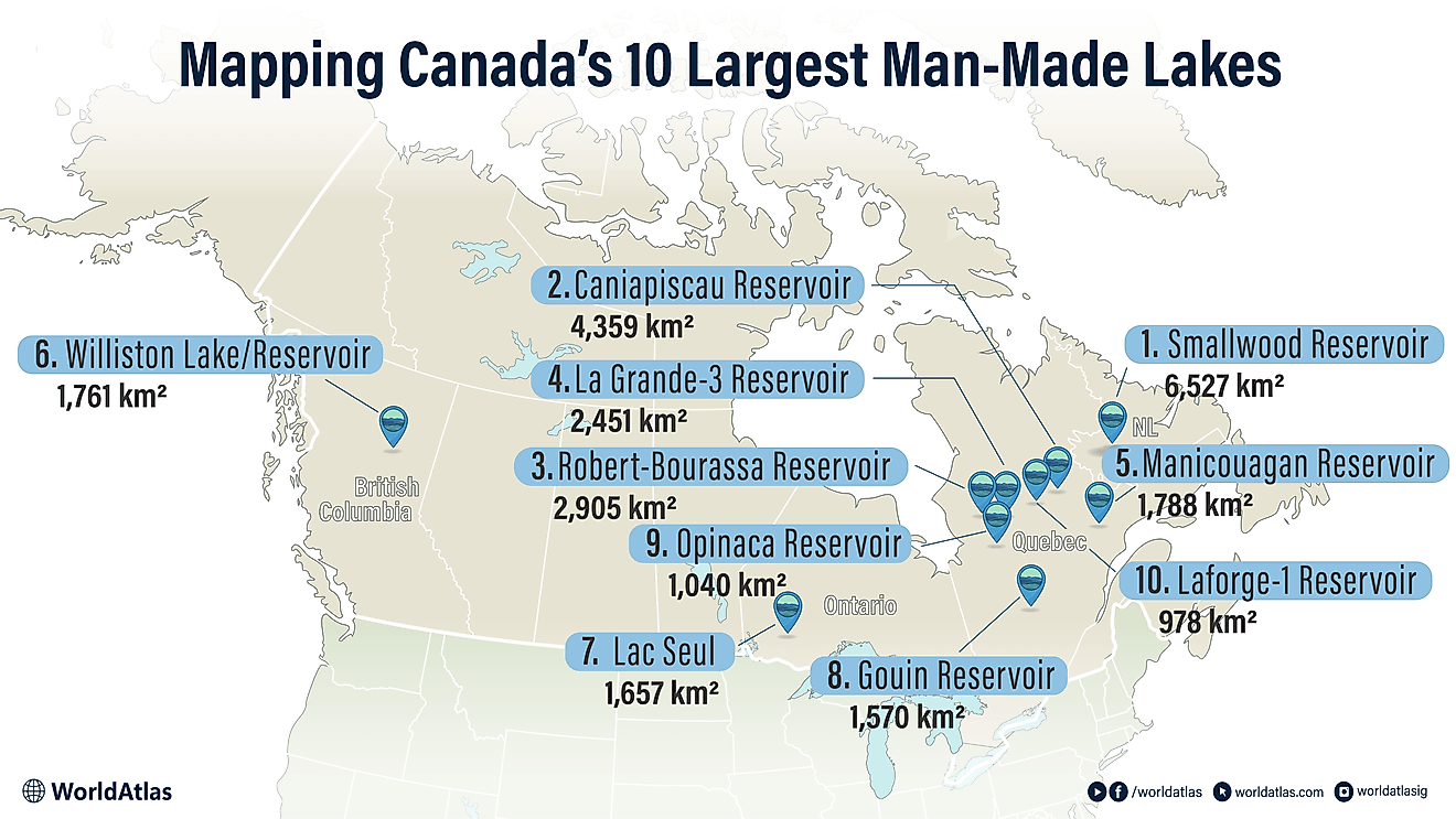 infographic showing 10 Largest Man-Made Lakes In Canada 