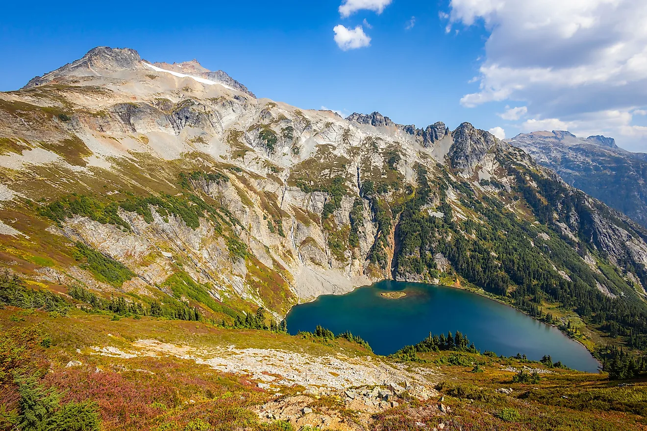 Breathtaking scenic aerial view of Doubtful Lake from Sahale Arm on the Cascade Pass Trail in North Cascades National Park.