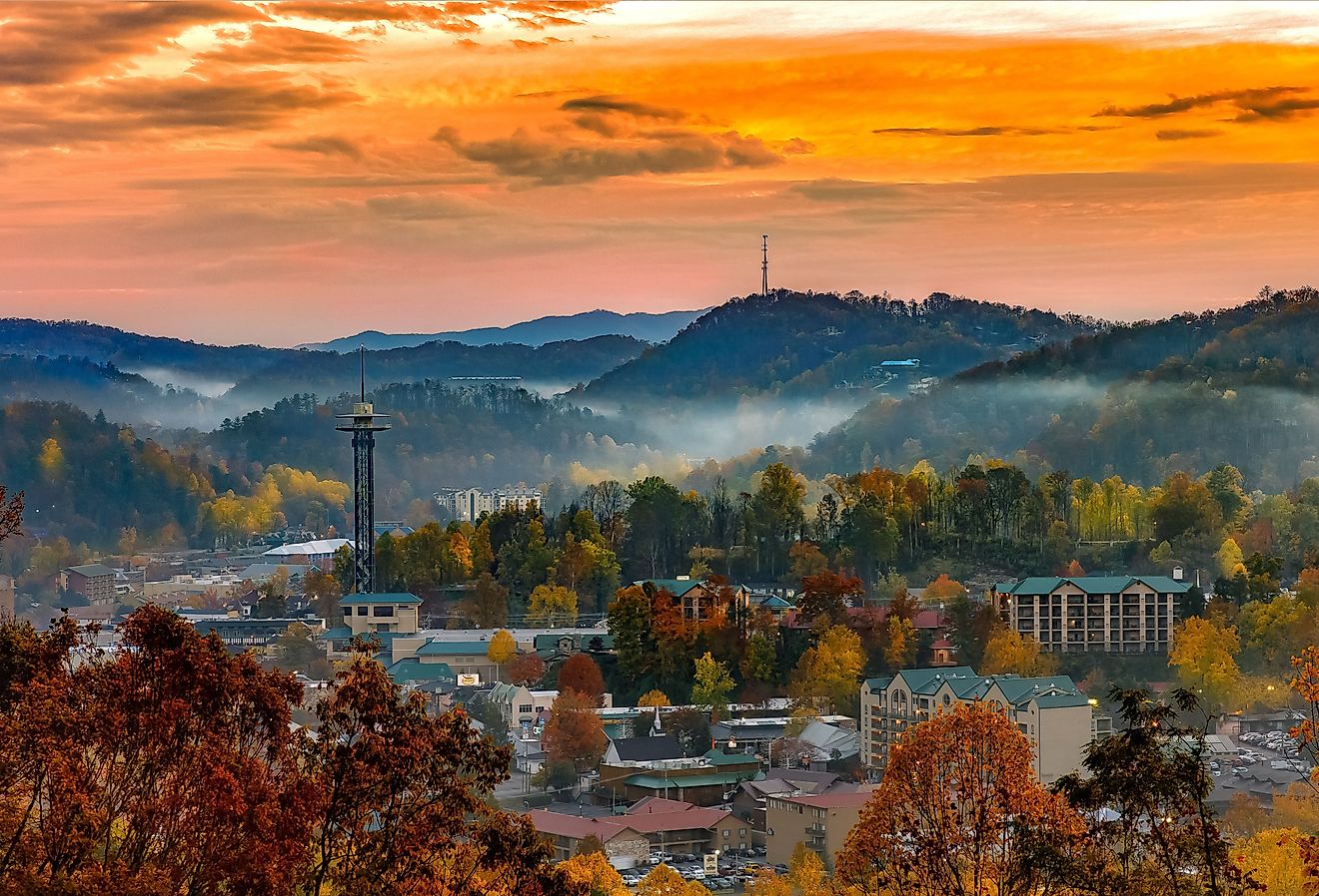 Aerial view of Gatlinburg cityscape in autumn. 