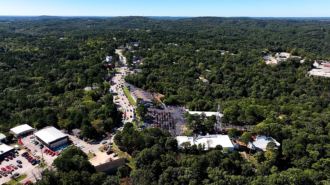 Aerial view of the town and surrounding forests in Eureka Springs, Arkansas.