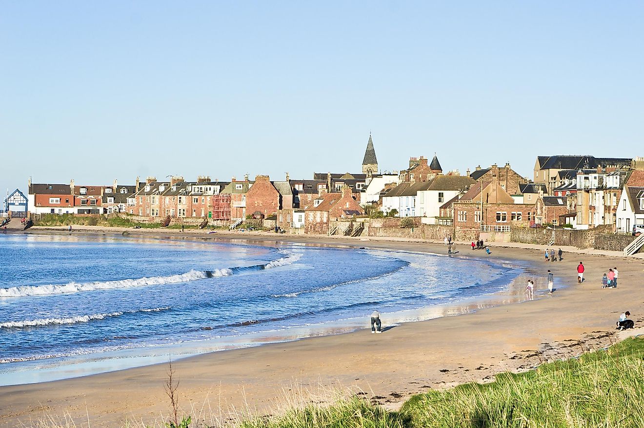 The beach and town in North Berwick, Scotland.
