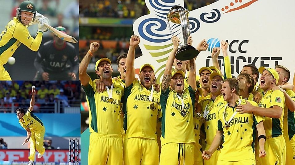 A celebratory Team Australia after securing the 2015 Cricket World Cup.