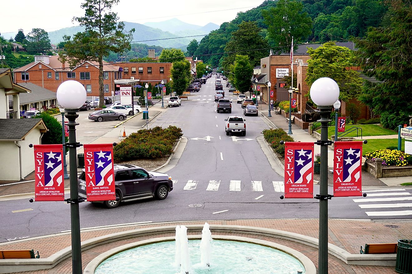 View from historic Courthouse stairs. Fountain and West Main Street in Sylva, North Carolina 