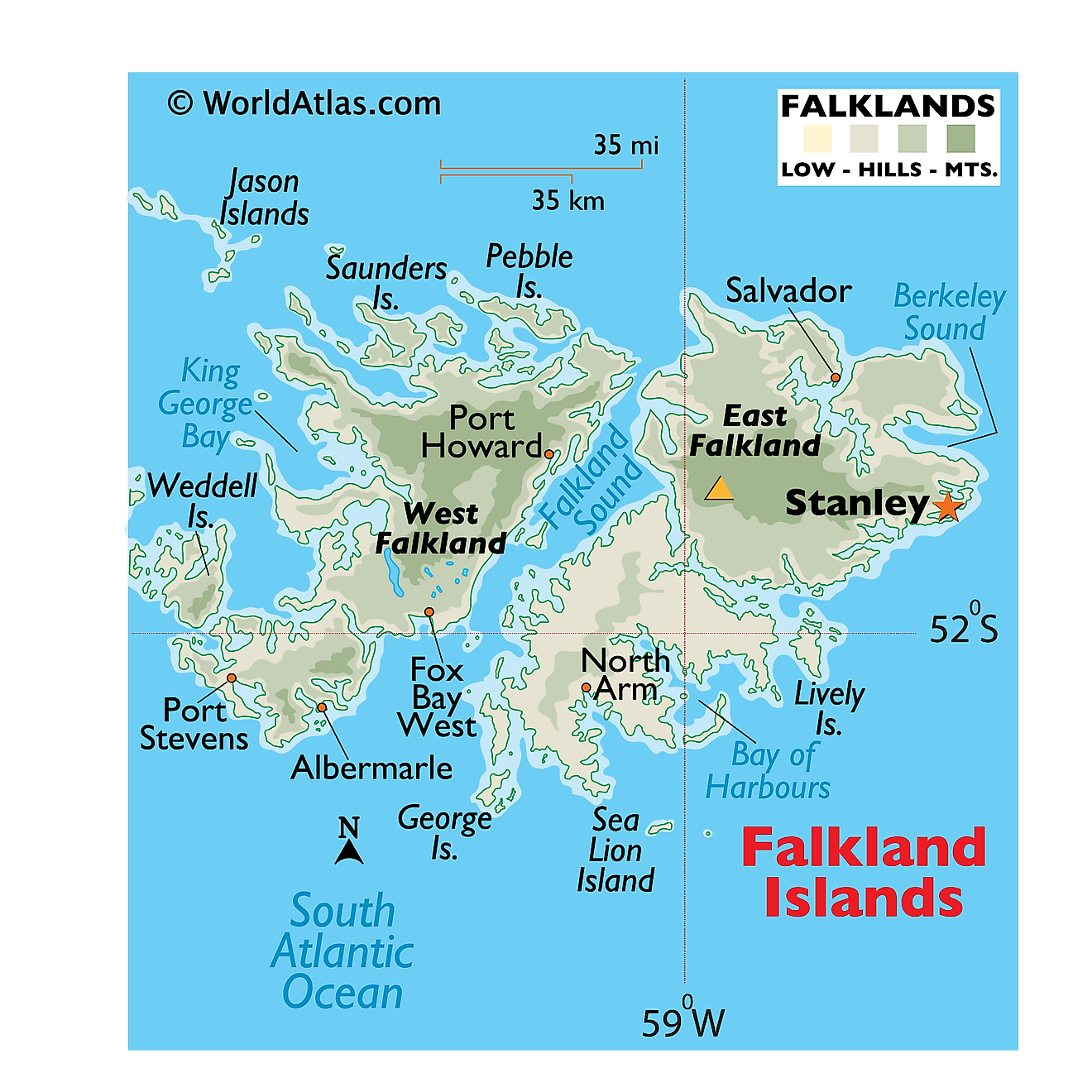 Mapa físico de las Islas Malvinas que muestra las islas principales, el relieve, los asentamientos importantes y más.