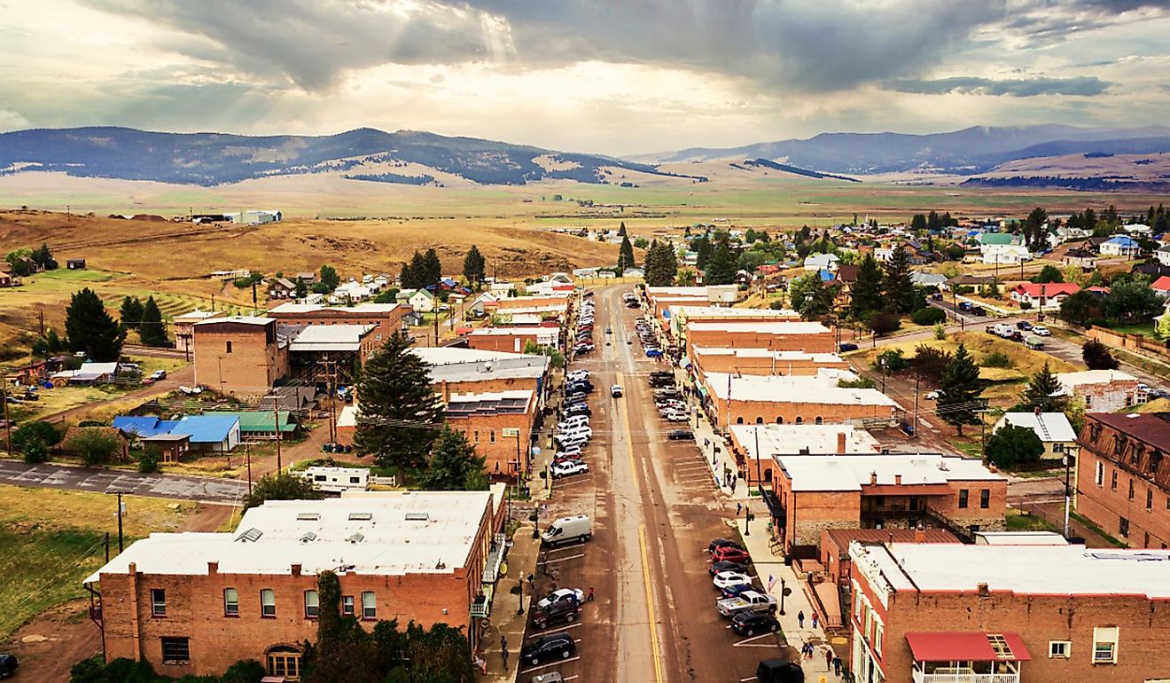 Aerial view of Broadway Street of Philipsburg, Montana.
