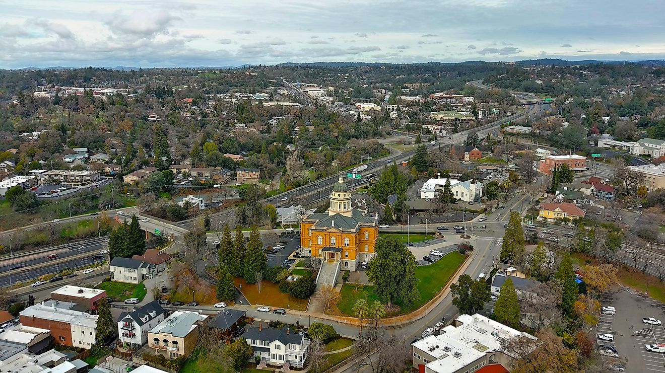 Aerial view of Auburn, California, featuring the historic 1898 Courthouse.