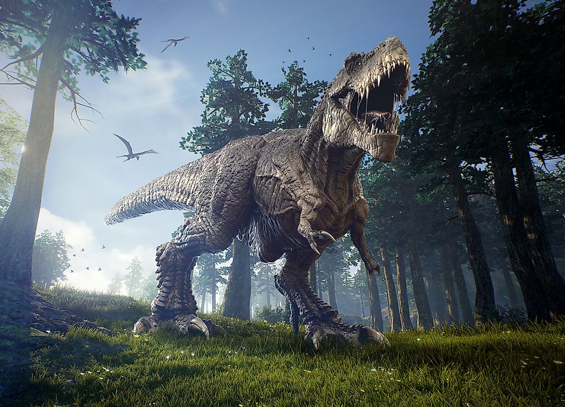 A 3D rendering of the grandiosity of a tyrannosaurus rex. 