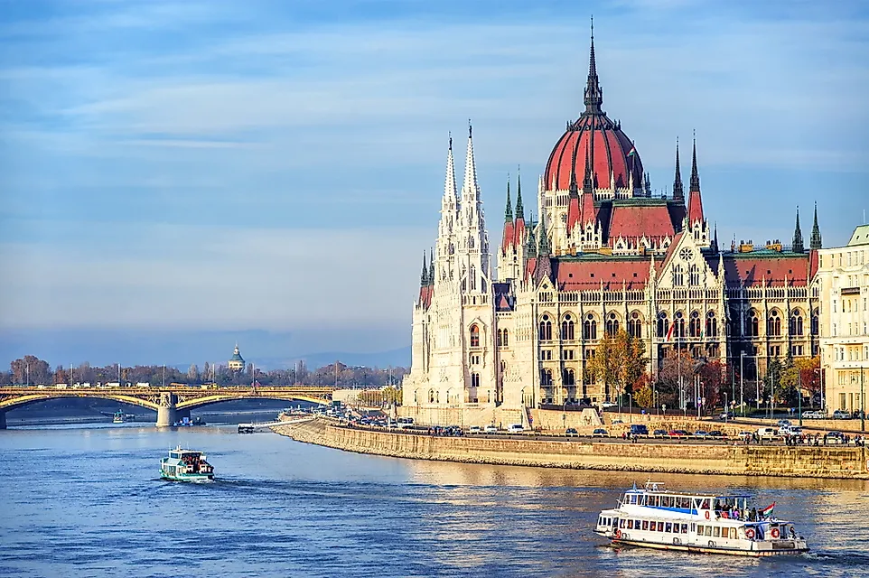 The Hungarian Parliament Building is located on the bank of the Danube.