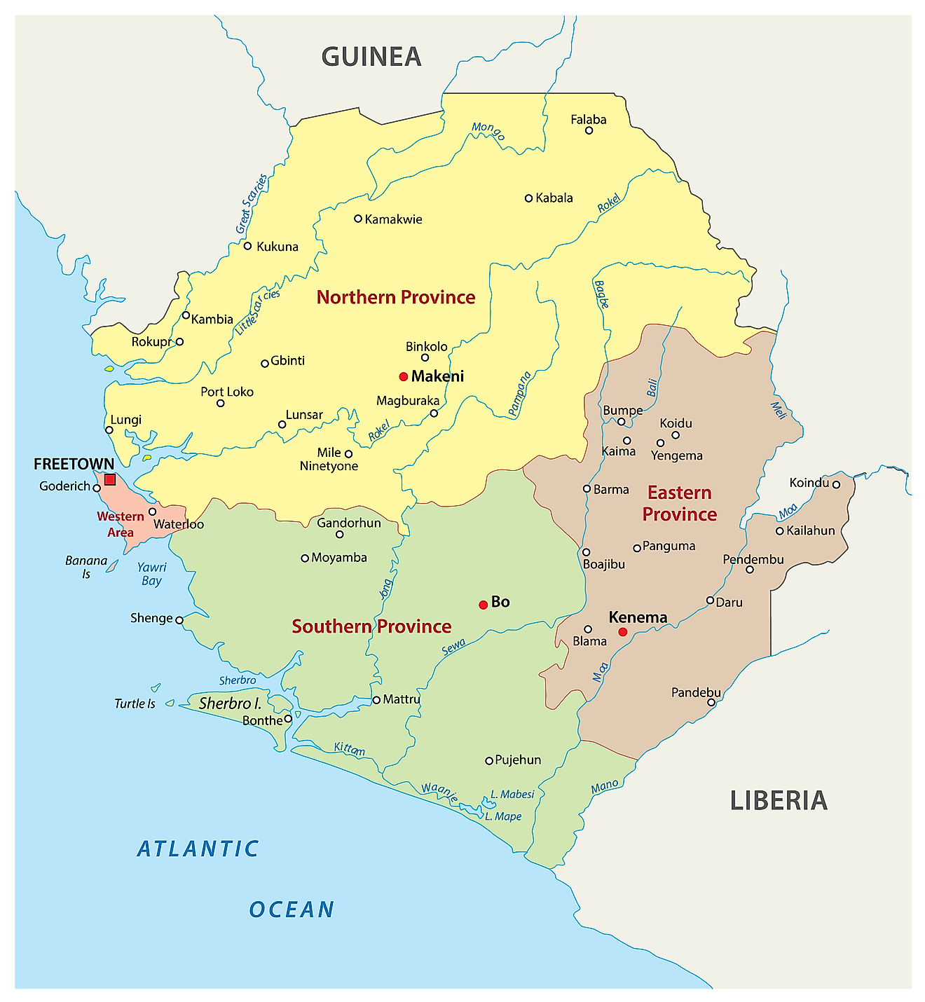 Mapa político de Sierra Leona que muestra las cuatro provincias y el área occidental con la ciudad capital de Freetown.