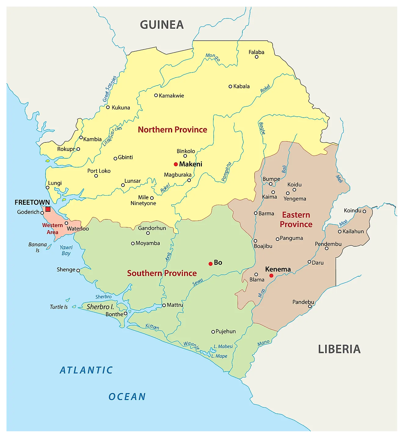 Mapa político de Sierra Leona que muestra las cuatro provincias y el área occidental con la ciudad capital de Freetown.