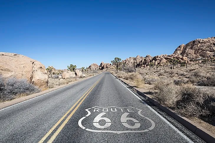 A stretch of the former Route 66 that is now part of the Joshua Tree Desert Highway in southern California.