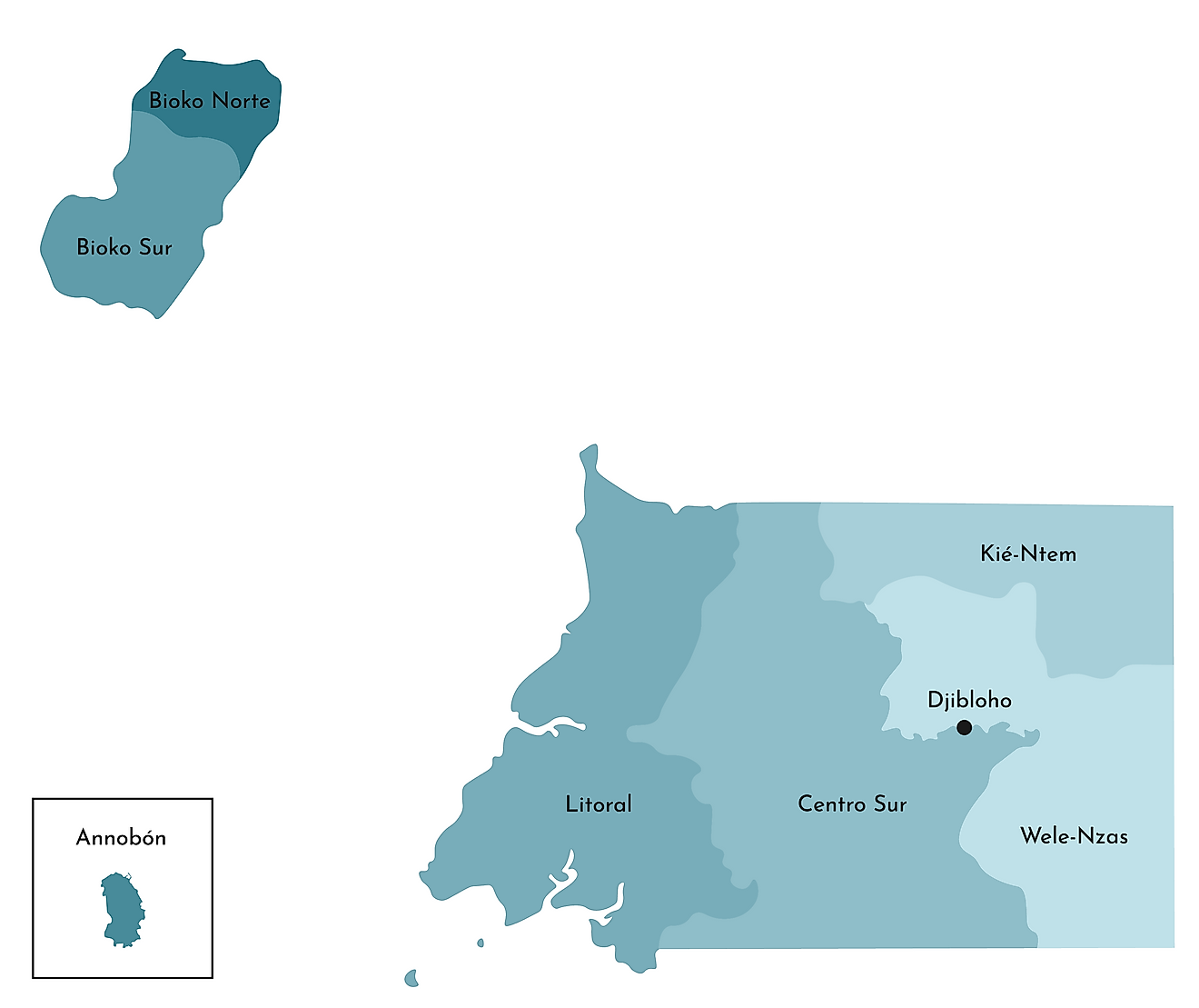 Political Map of Equatorial Guinea displaying its 8 provinces, and their major cities.