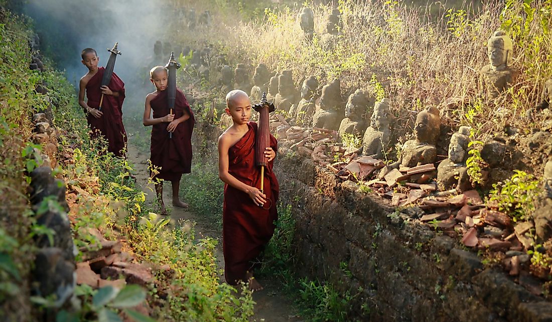 Novice Buddhist Monks in Pagoda, Myanmar.
