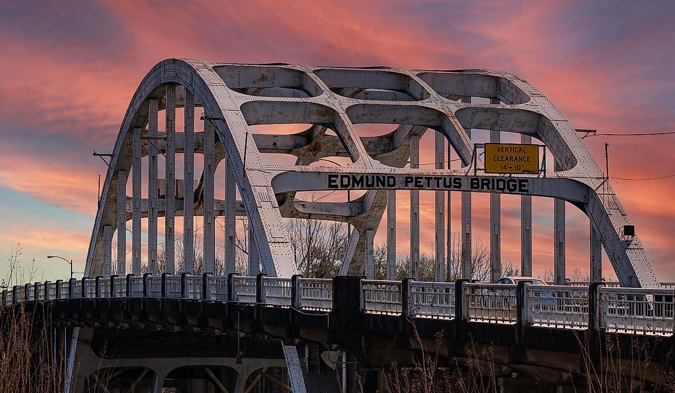 Panorama of historic Edmund Pettus Bridge in Selma, the sight of Bloody Sunday during the Civil Rights Movement. Editorial credit: JNix / Shutterstock.com