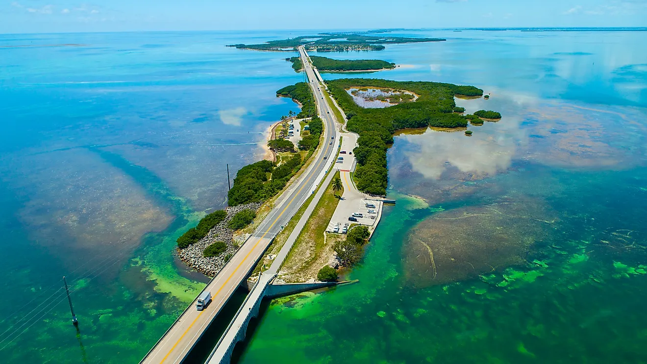 The Seven Mile Bridge in the Florida Keys runs along the line between the Gulf of Mexico and the Atlantic Ocean.