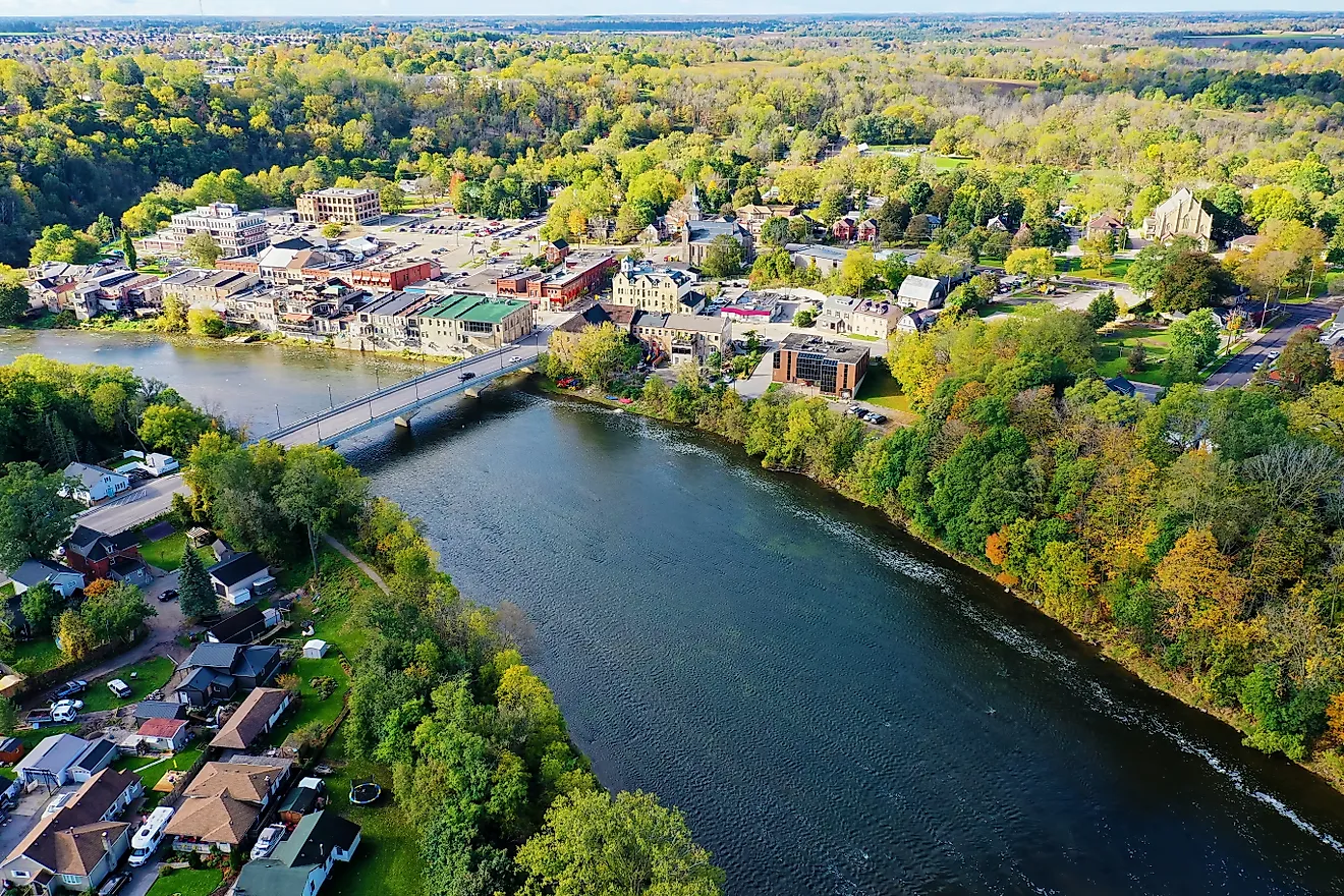 An aerial of Paris, Ontario, Canada in early autumn