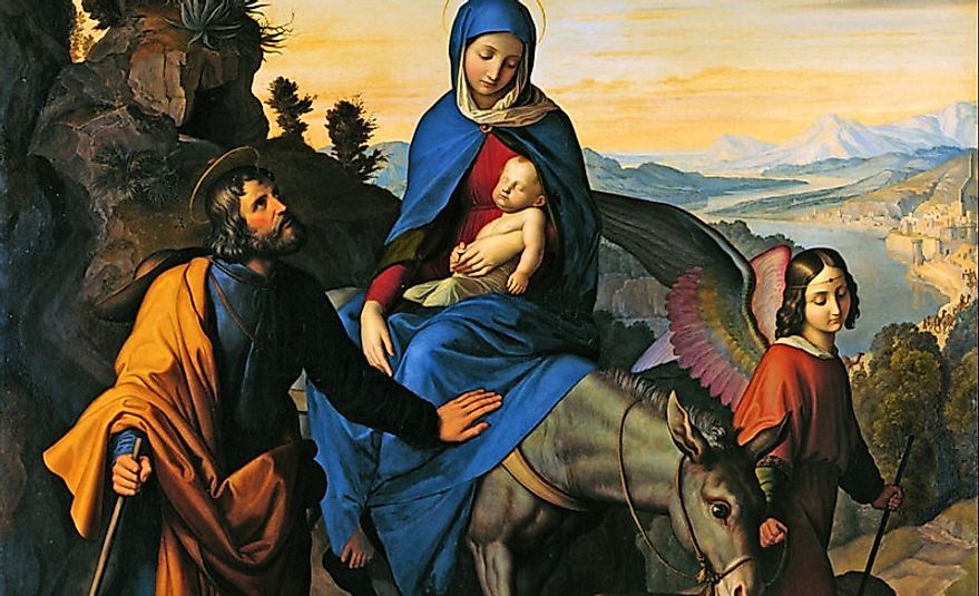 German Nazarene painter Julius Schnorr von Carolsfeld's depiction of Mary, Joseph, and Baby Jesus's flight into Egypt.