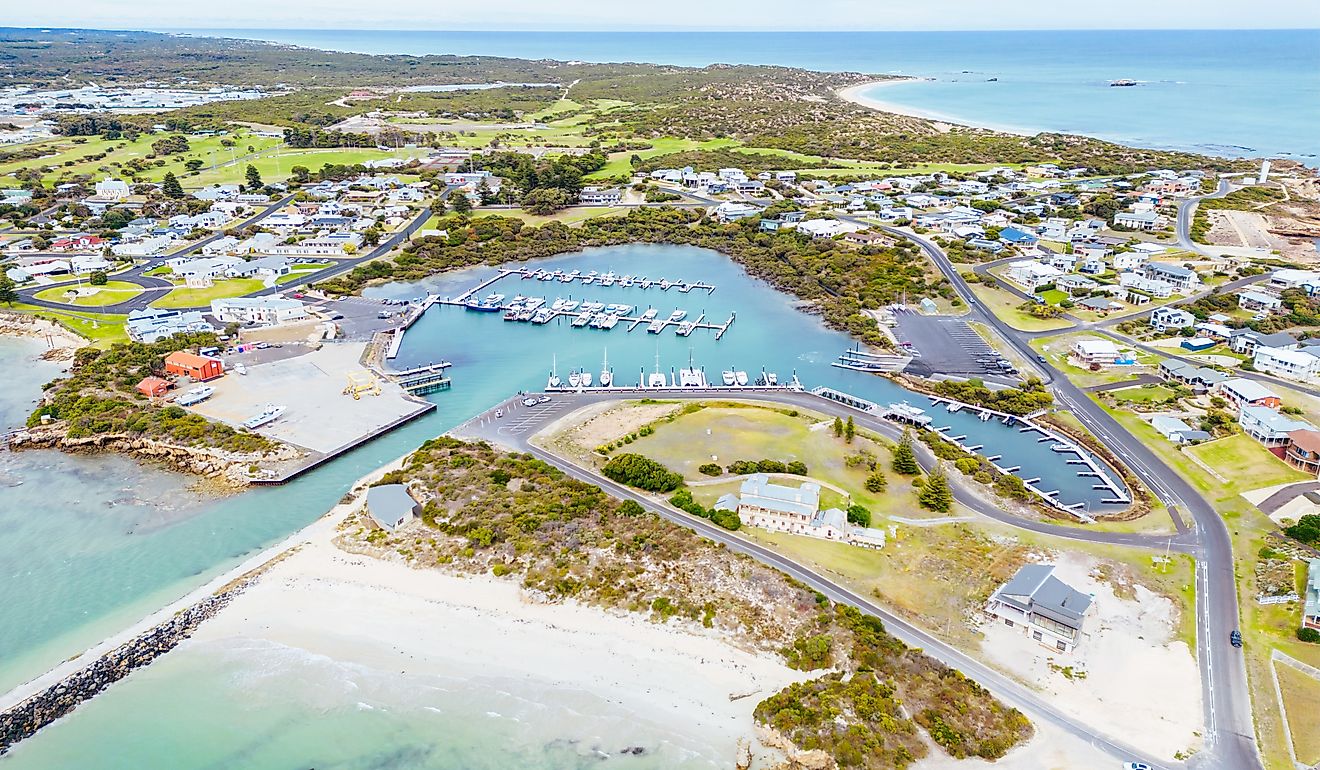 An aerial view over the rural township of Robe on the Limestone Coast.